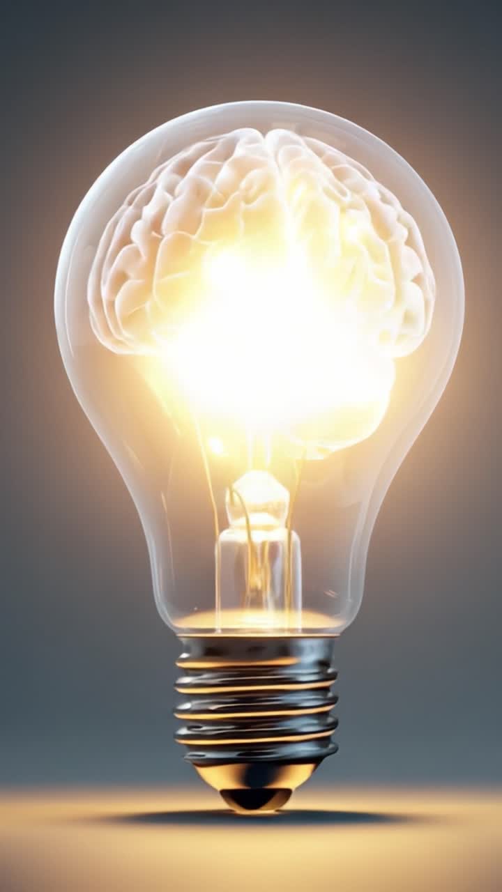 Un cervello luminoso all'interno di una lampadina, che simboleggia creatività, idee e pensiero innovativo, unendo l'attività neurale con l'illuminazione per concetti ispiratori.
