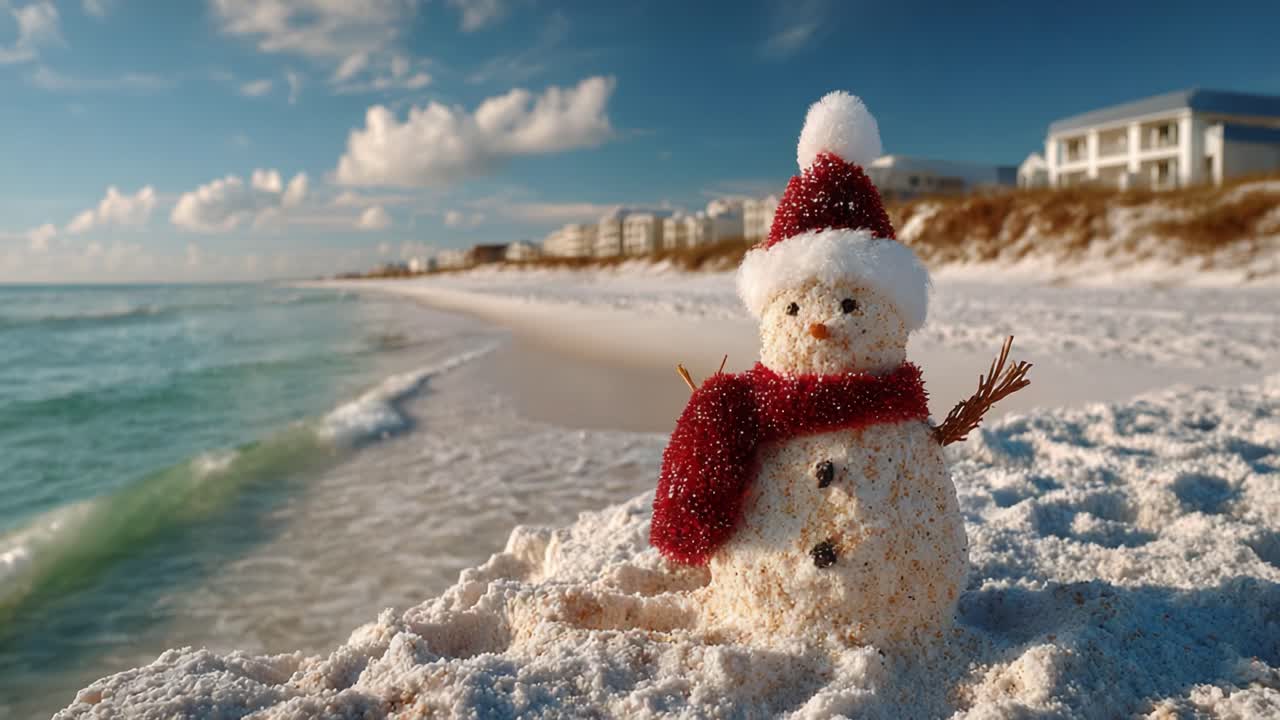 A Charming Snowman Adorned with a Red Hat and Scarf Stands on a Sunny Beach, Surrounded by Soft White Sand and Lapping Waves Under a Brilliant Sky