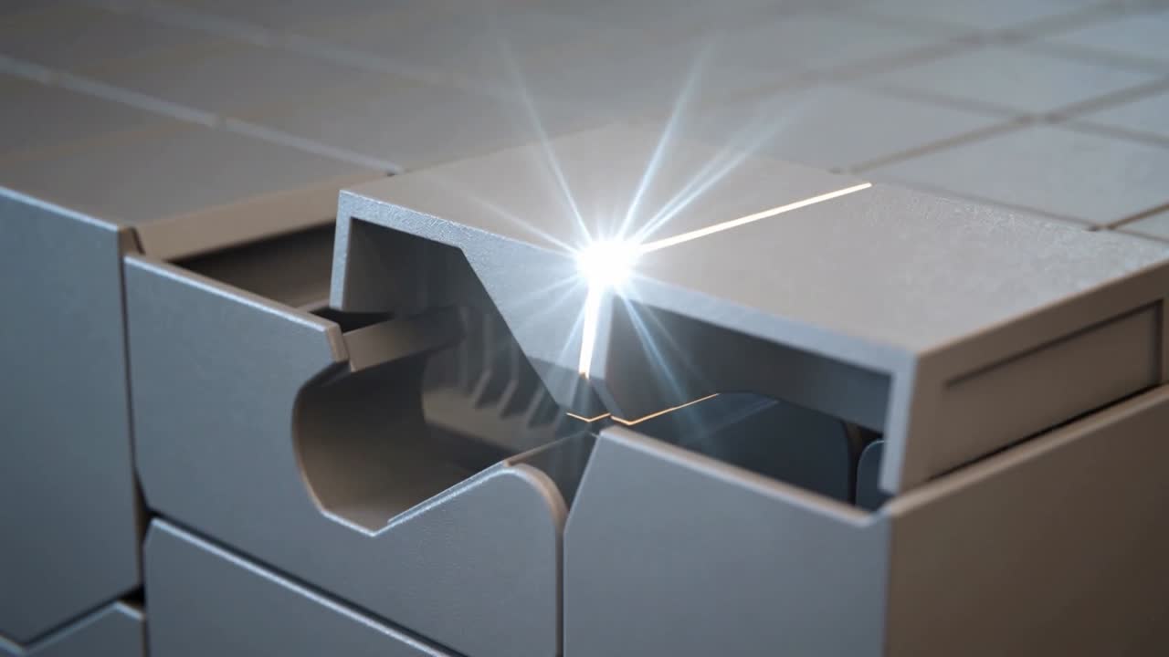 Modular assembly lifting panel, opening V seam, showing ribs, emitting bright light for tech demo