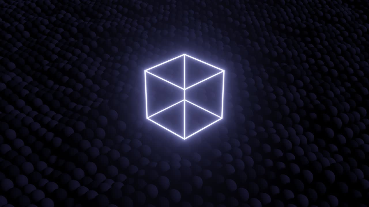 неоновый светящийся куб в черном пространстве с движущимся полем. беспрепятственный цикл простая 3d-анимация с неоновым светящимся объектом