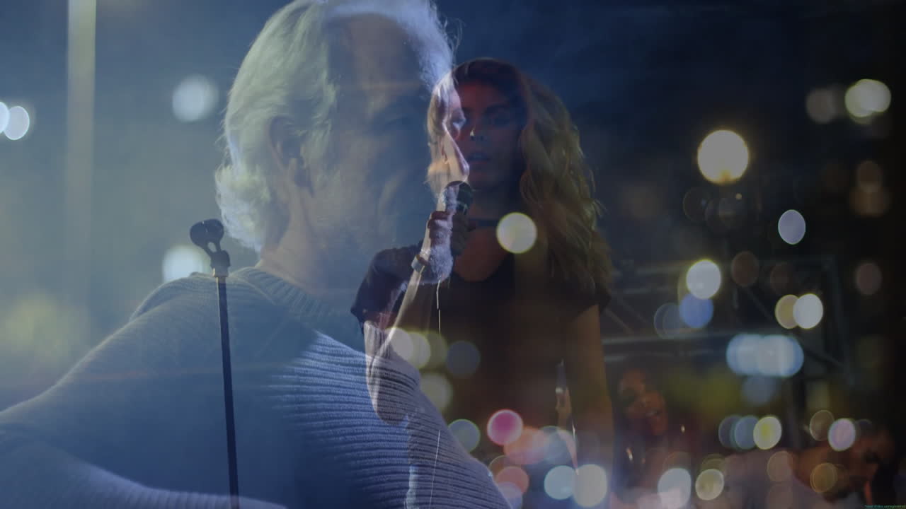 Male and female singer holding microphones performing concert with double exposure bokeh in music