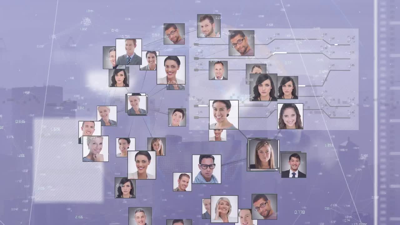 데이터 처리 및 다양한 사람들의 포트레이트와 함께 도시 풍경의 지구의 애니메이션