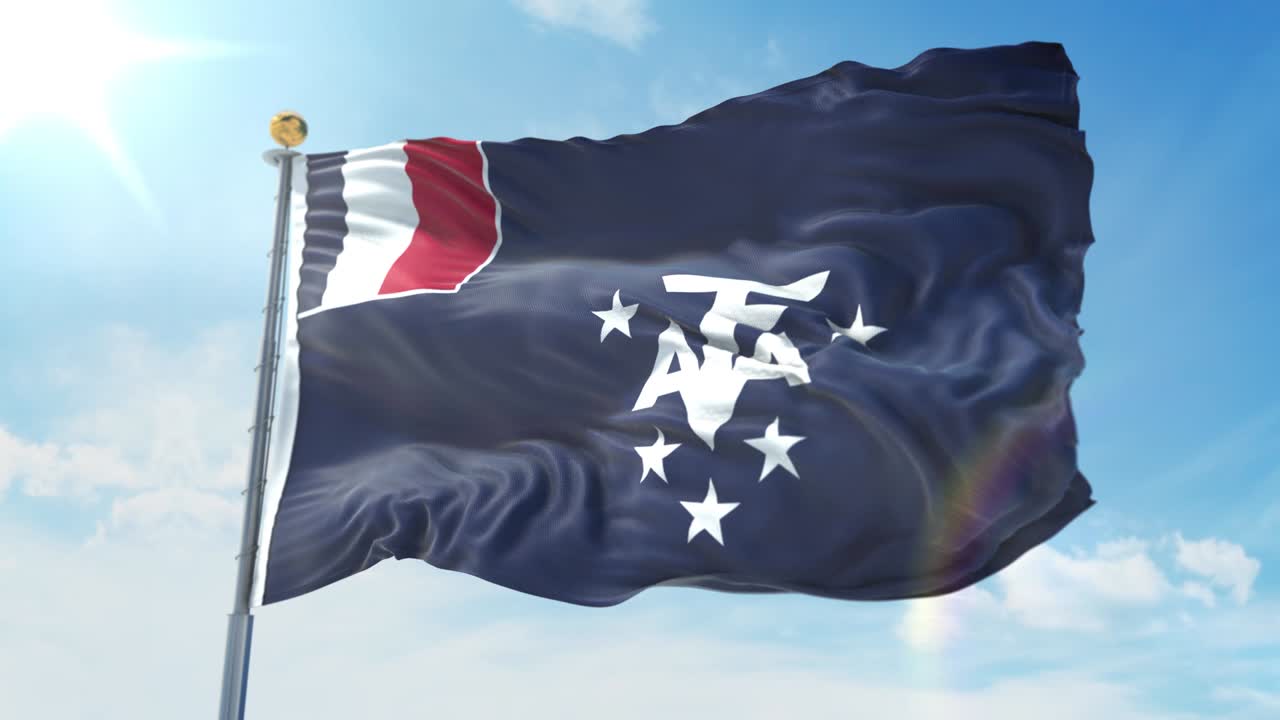 프랑스 남부 및 남극 땅 발은 깊은 파란 하늘을 대비하여 바람에 흔들리고 있습니다.국가 테마, 국제 개념. 3d 렌더리 원활한 루프 4k