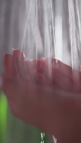 el agua cae en cascadas a través de las manos de la mujer. la mujer sostiene las manos bajo una suave corriente de agua dentro de la ducha. la dama está en la ducha bajo una corriente de agua