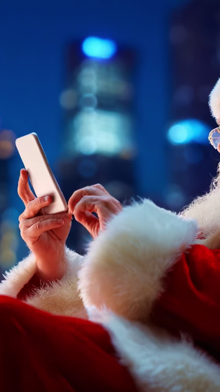 A festive figure in a vibrant red suit, trimmed with white fur, holds a smartphone while sitting comfortably against a backdrop of a glowing city skyline at night, exuding holiday cheer and modern communication