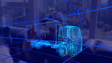 Animation-Einer-Technischen-3D-Zeichnung-Eines-Lastwagens-über-Einem-Mann-Zu-Hause,-Der-Ein-VR-Headset-Trägt