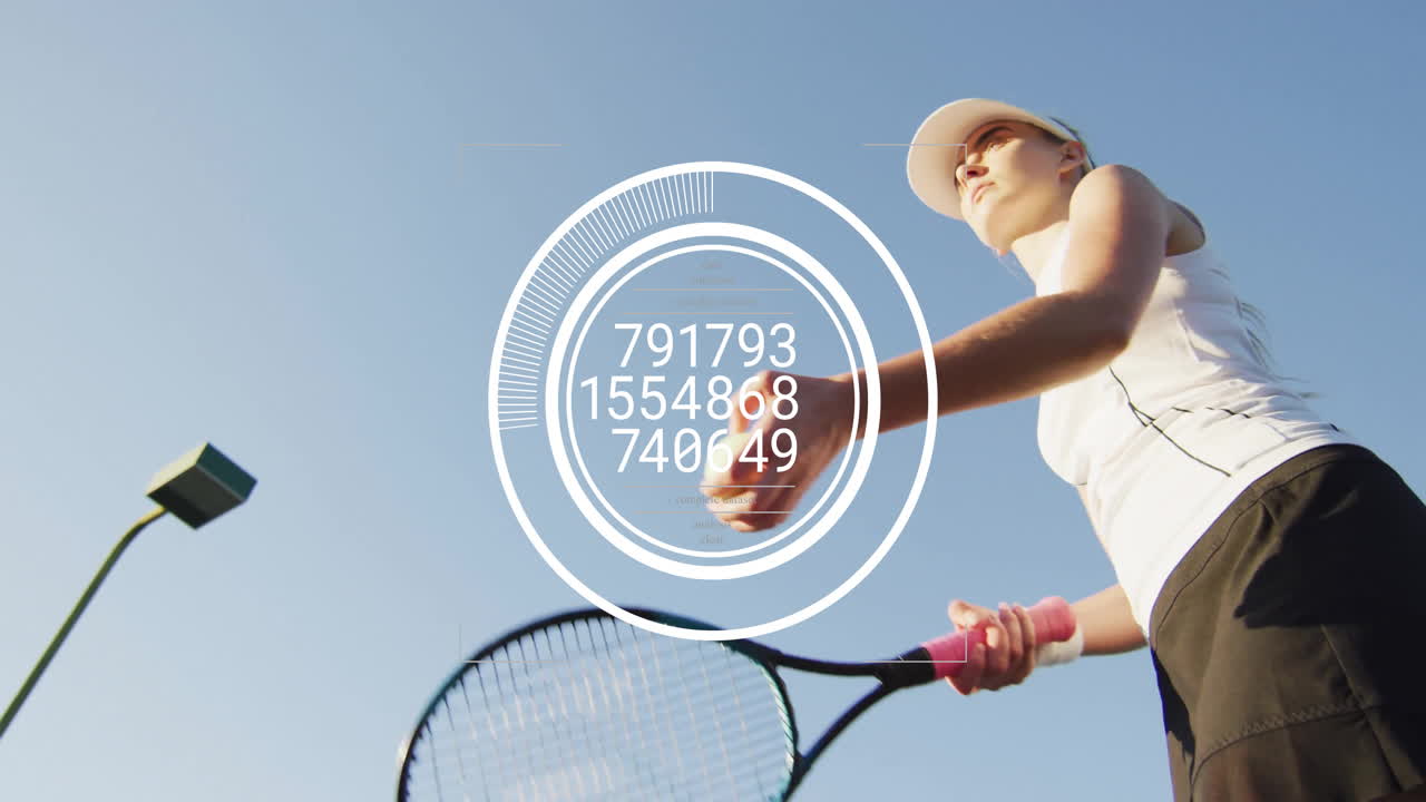 Female tennis player preparing serve on court, showing animated HUD graphics with health data