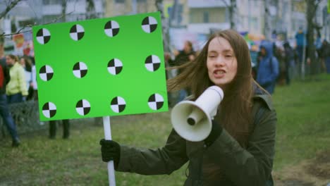 girl strike empty banner copy space. fight protest. scream angry young woman.