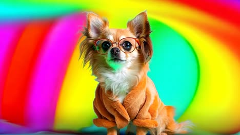 a small chihuahua wearing glasses sitting on top of a colorful background