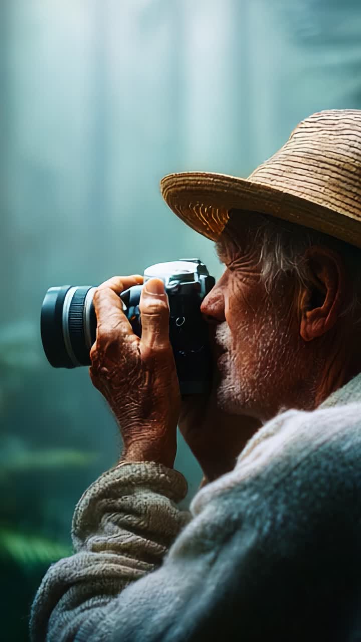Un fotografo anziano che cattura la bellezza della natura con una macchina fotografica vintage sullo sfondo di una foresta serena e nebbiosa