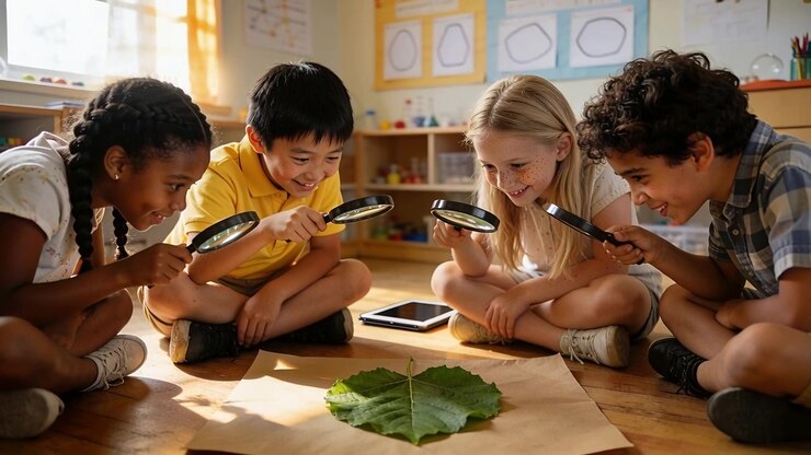 Four students sitting examining green leaf with magnifying glasses, learning, AI-generated