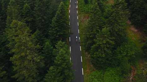 group-of-cyclists-on-a-cycling-tour-in-the-french-pyrenees-drone-aerial-view-climbing-a-mountain-surrounded-by-tall-trees