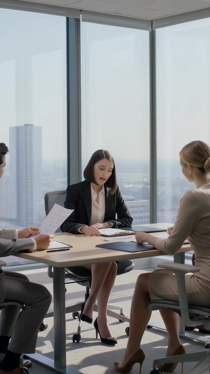 Video verticale: Donna al centro in blazer che si china in avanti firmando documenti e chiudendo un affare in un ufficio di vetro.
