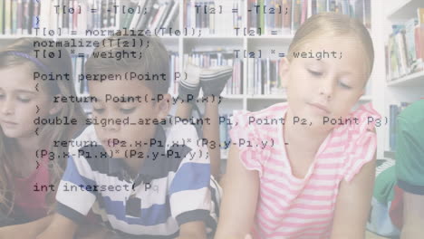 animation of digital data processing over diverse schoolchildren reading