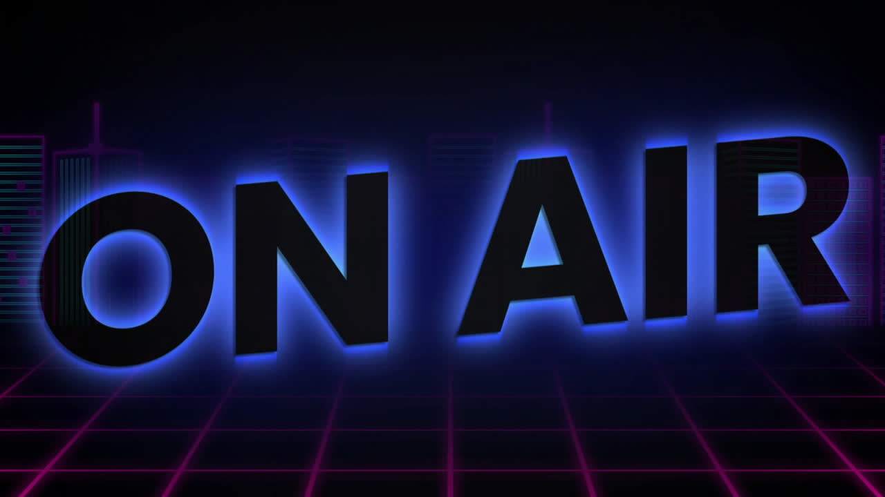 Glowing ON AIR animation with neon grid background in retro futuristic style