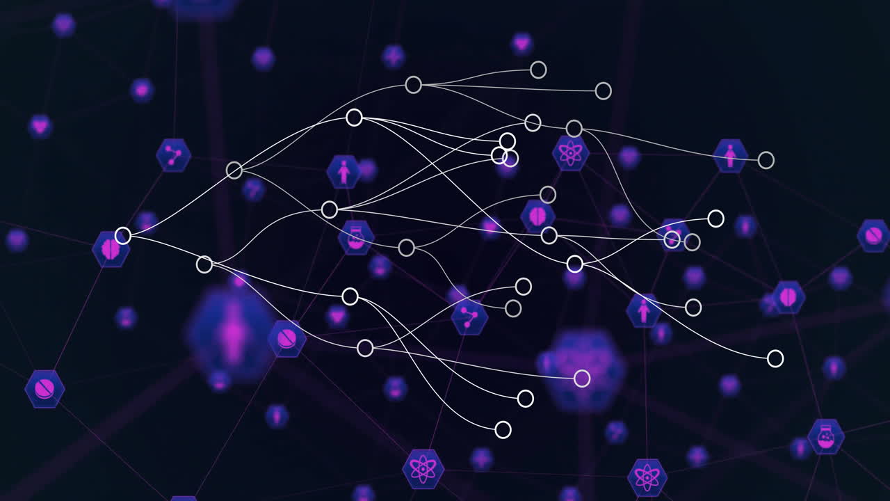 Network connections and data flow animation over dark background with purple nodes