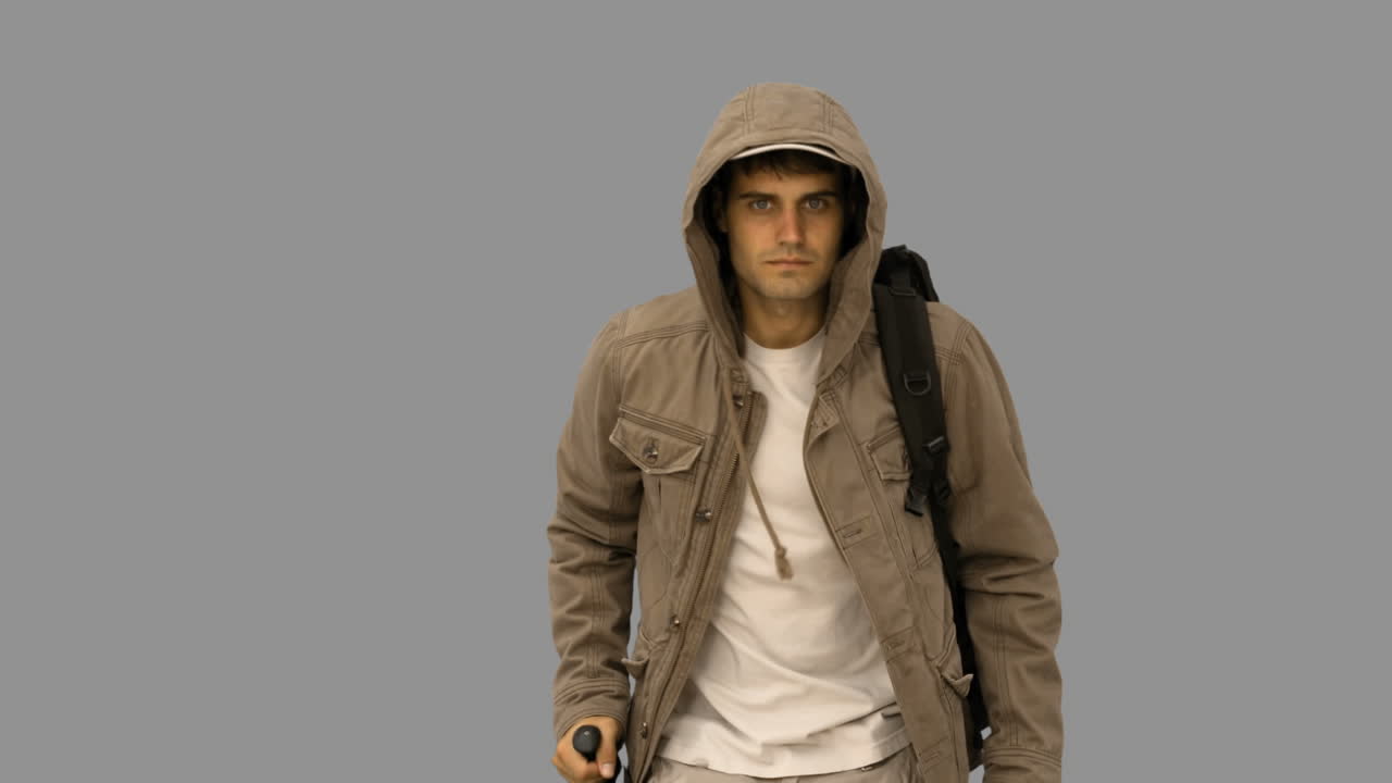 hombre guapo con un abrigo caminando en la pantalla gris