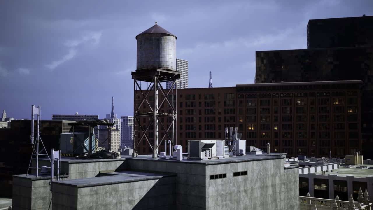Industrial skyline with water tower and urban architecture in evening light