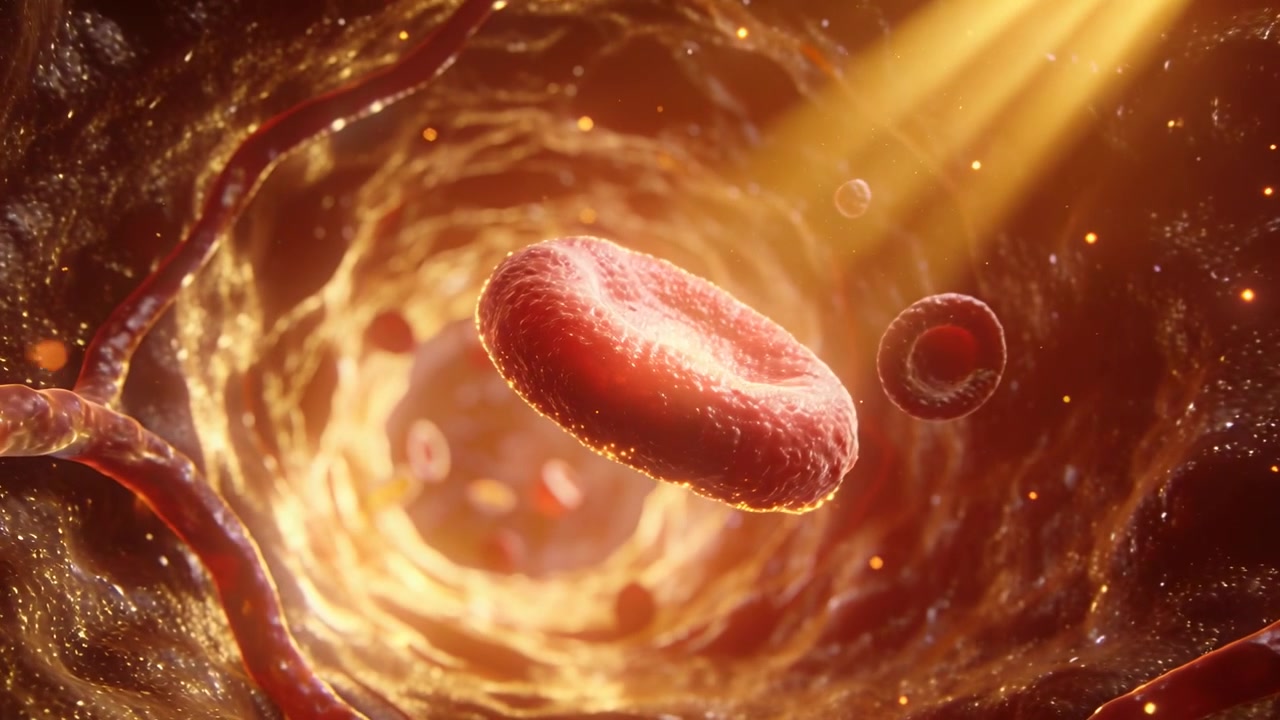 Flusso che spinge un globulo rosso primario, muovendosi e ruotando lungo il lume del vaso, con luce dorata e particelle.