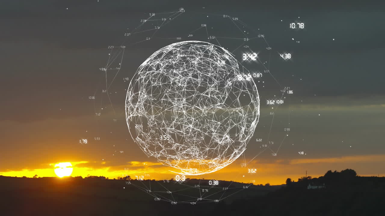 Animación de un globo digital con conexiones de red y puntos de datos sobre un paisaje al atardecer