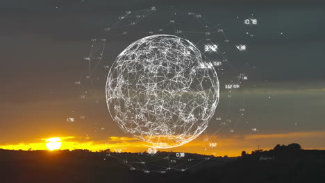 animating digital globe with network connections and data points over sunset landscape