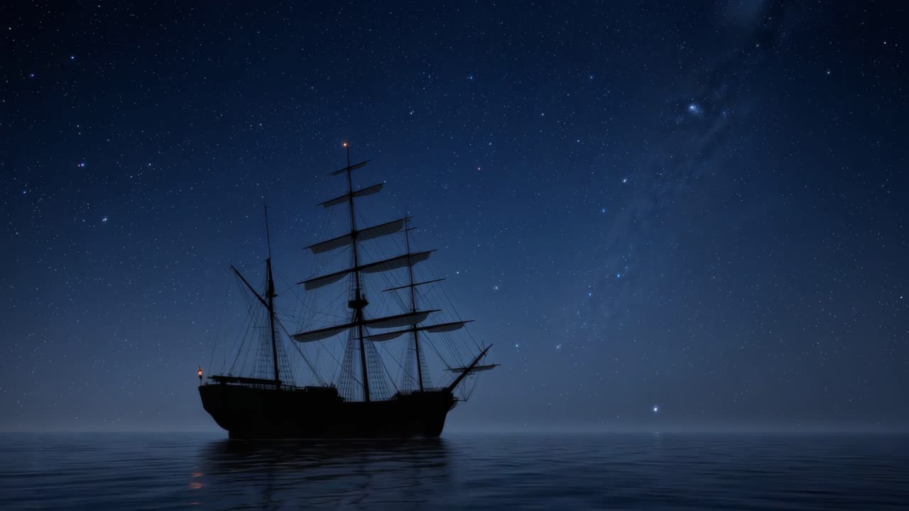 Sailing Ship at Night under Starry Sky