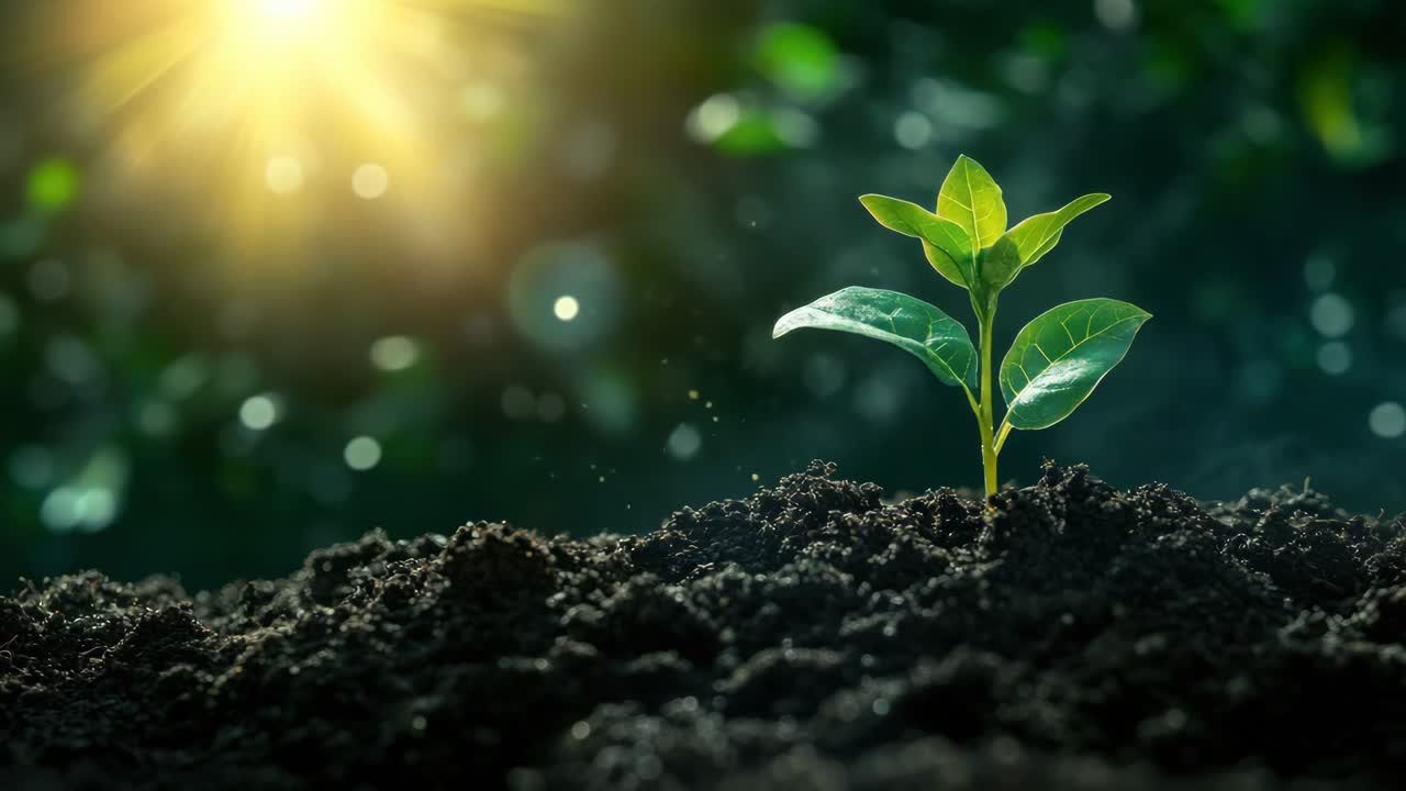 Close-up shot of a young plant in rich soil, bathed in sunlight
