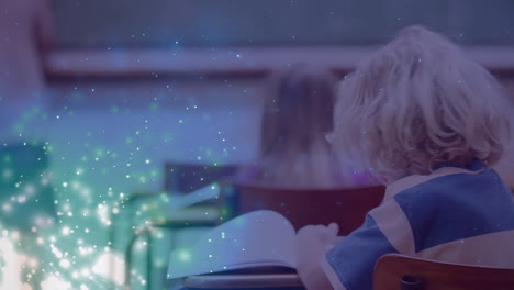 animación de puntos de luz sobre diversos escolares que aprenden en el aula
