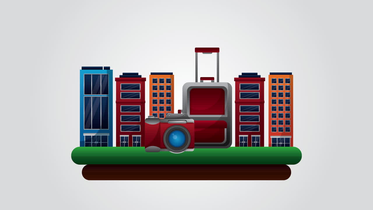 viaggio in giro per il mondo animazione con macchina fotografica e valigia sulla città