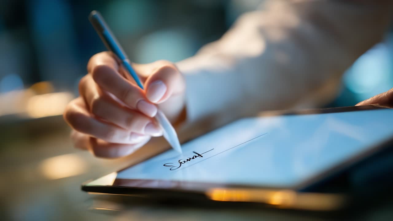 A Close-Up View of a Hand Signing on a Digital Tablet with a Stylus, Demonstrating the Ease and Precision of Modern Technology in Digital Note Taking and Signing Documents