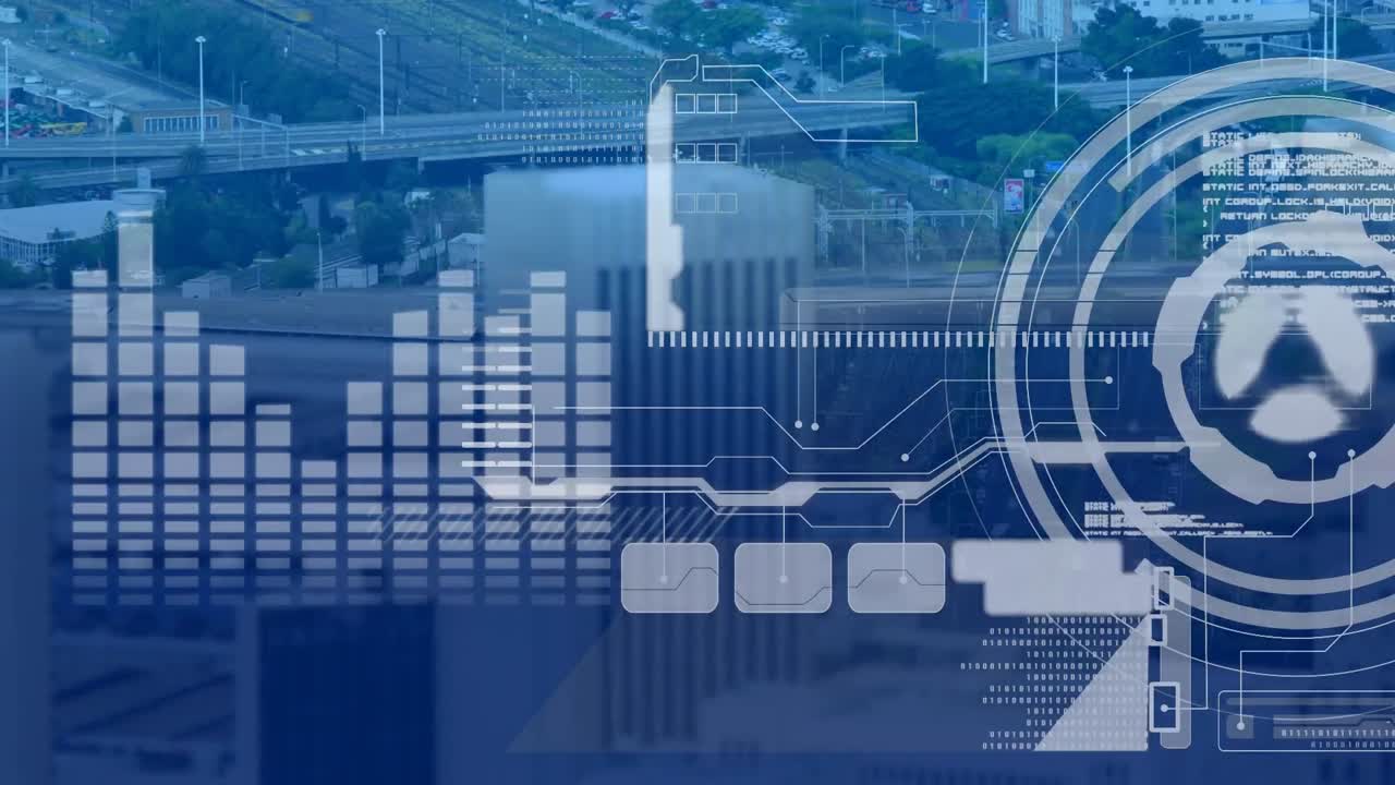 Digital interface with data processing against city traffic in background