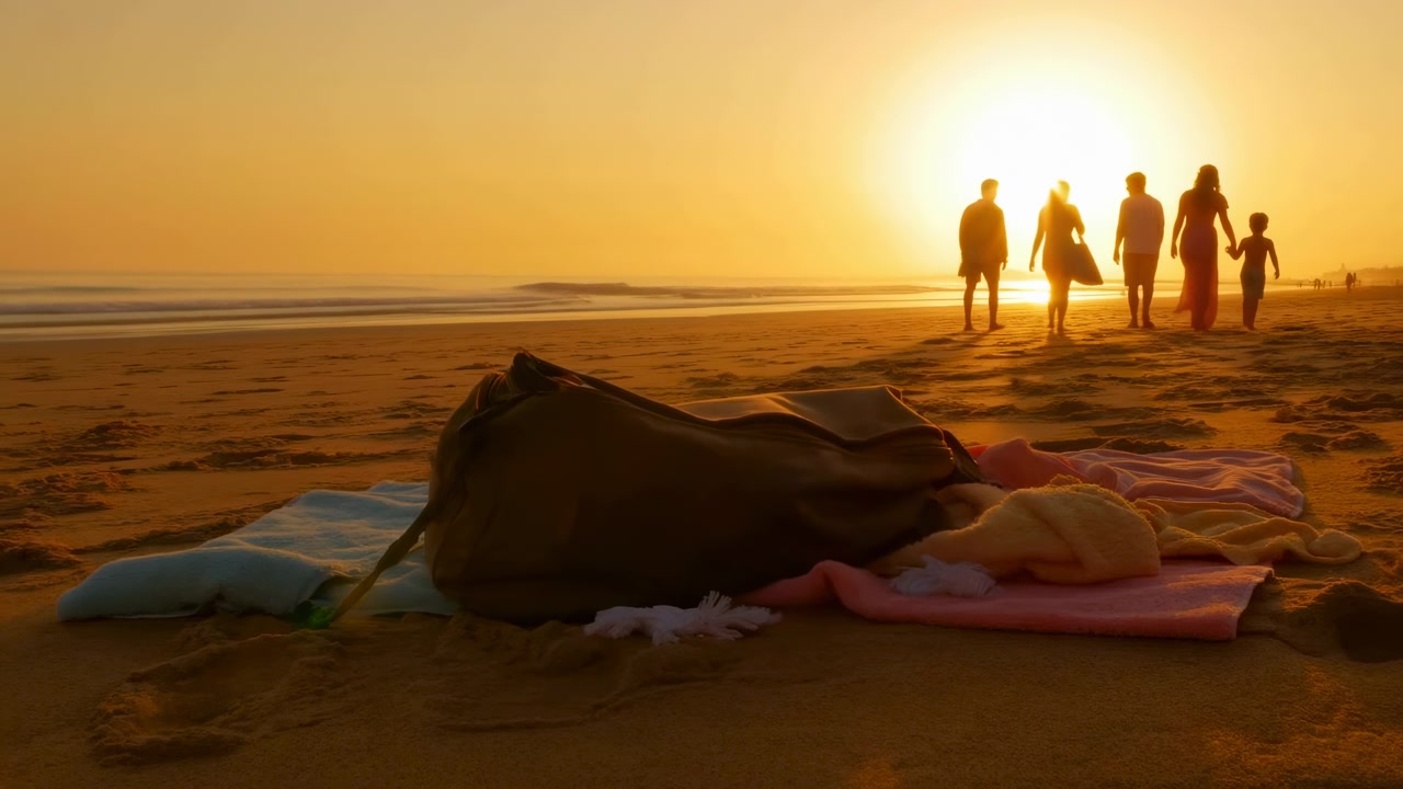 Low ground-level view of beach at sunset showing stacked woven towels and creased dark bag in lower foreground, damp reflective sand with footprints in