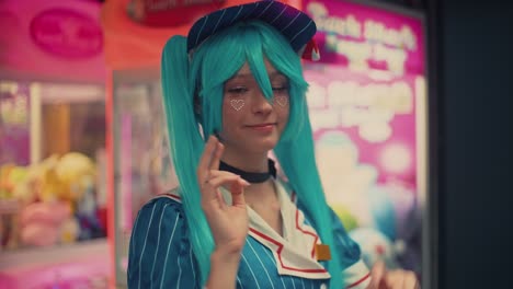 cosplayer dressed as hatsune miku in an arcade setting