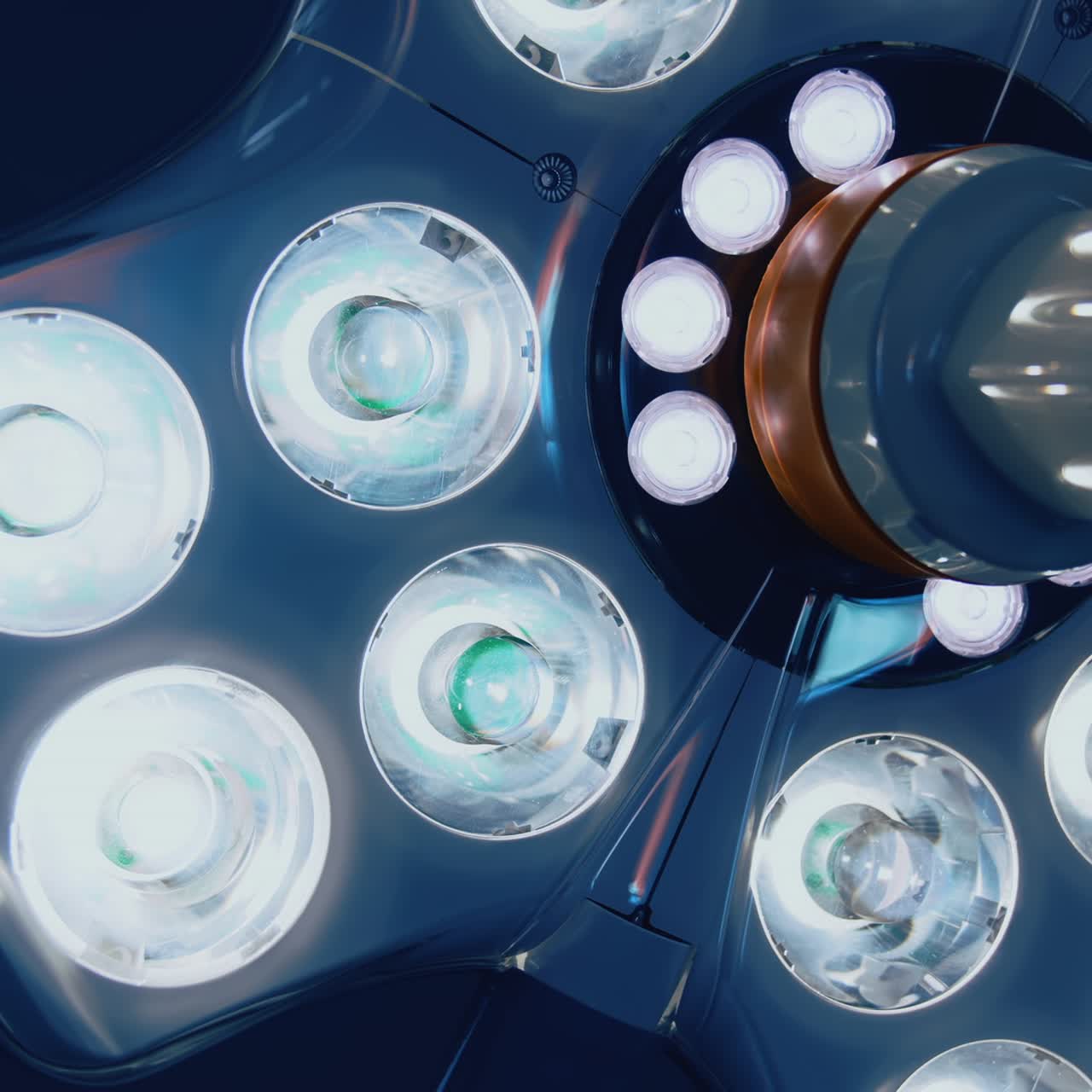 Modern surgery lamp. Lighting equipment shining brightly in the operating room. Medical lamps on the ceiling in clinic