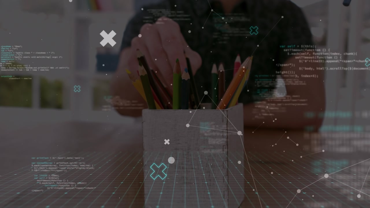 Animation of data processing over diverse business people taking pencils