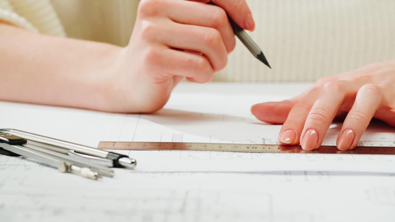 Close-up of hands using a ruler and pencil to draw on a blueprint