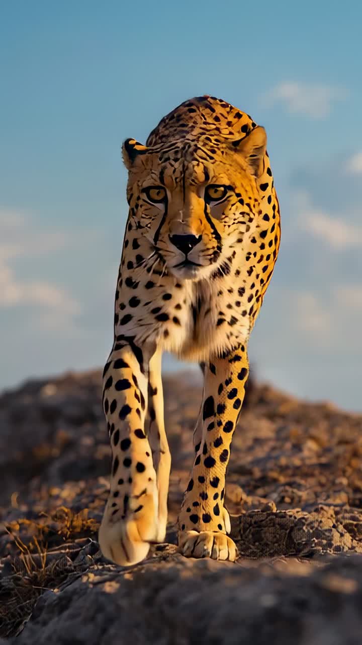 Vertical video: Walking adult cheetah approaching camera on rocky outcrop, warm golden light