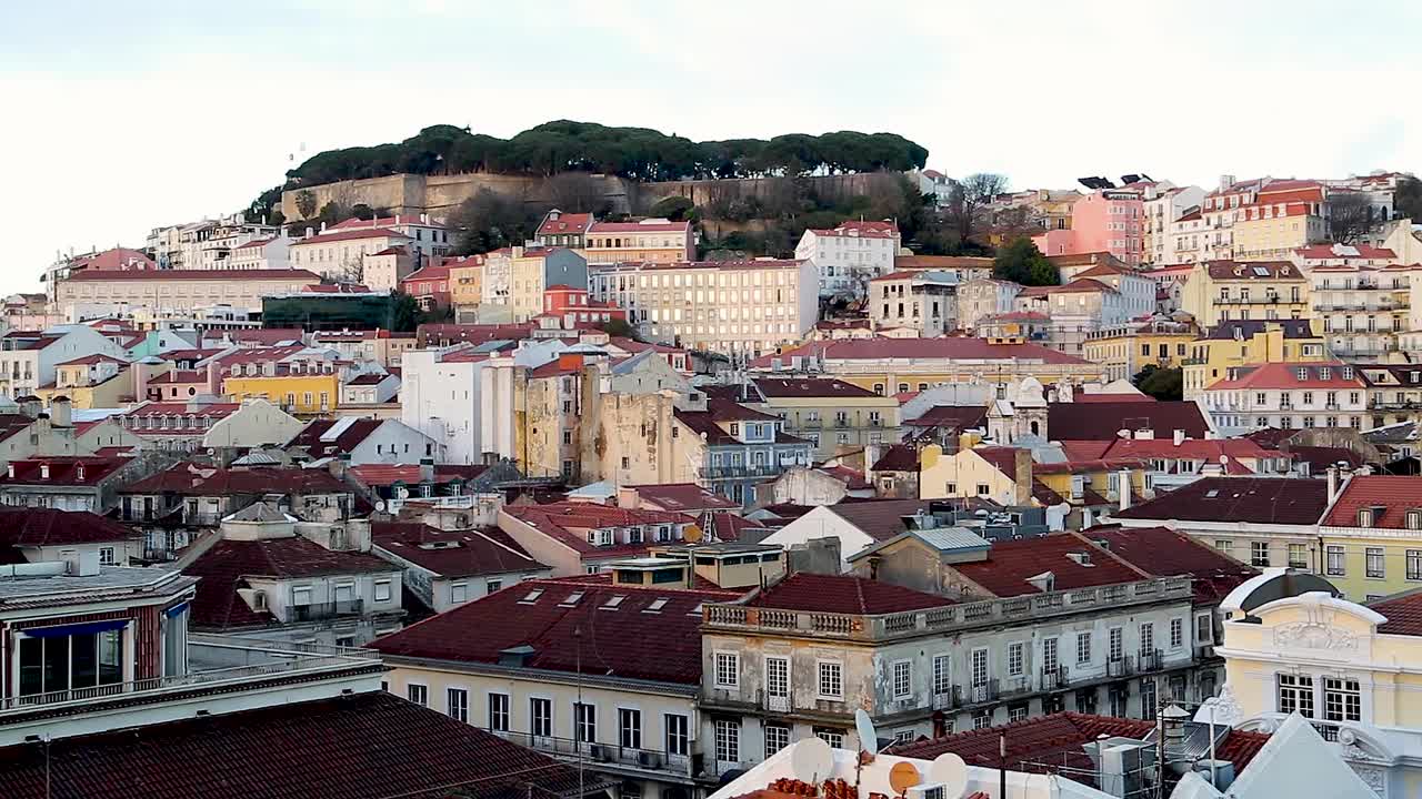 View of the castle of Lisbon, medieval castle, Saint George castle, in the center of Lisbon, Portugal.