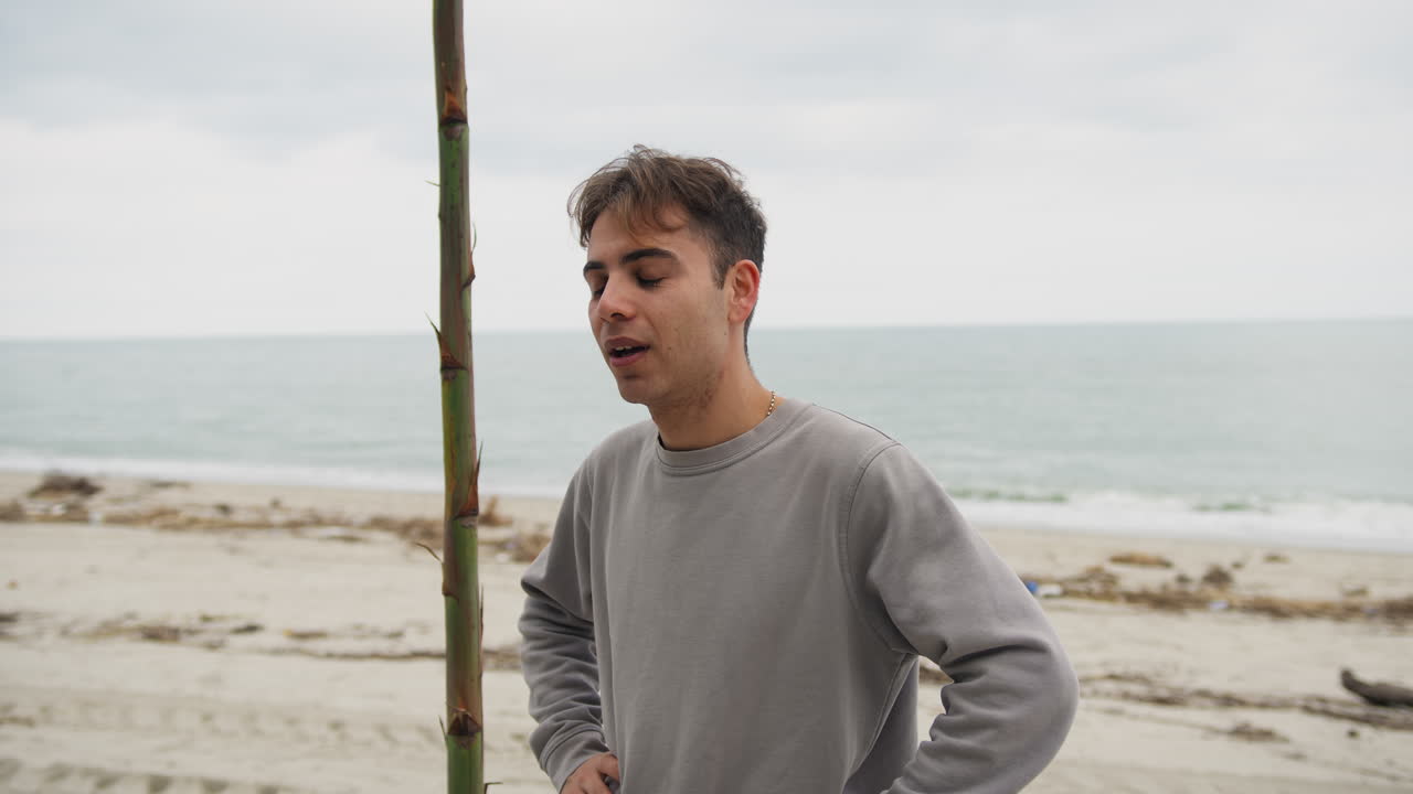 해변에서 일을 마친 후 열정적인 남자 미소