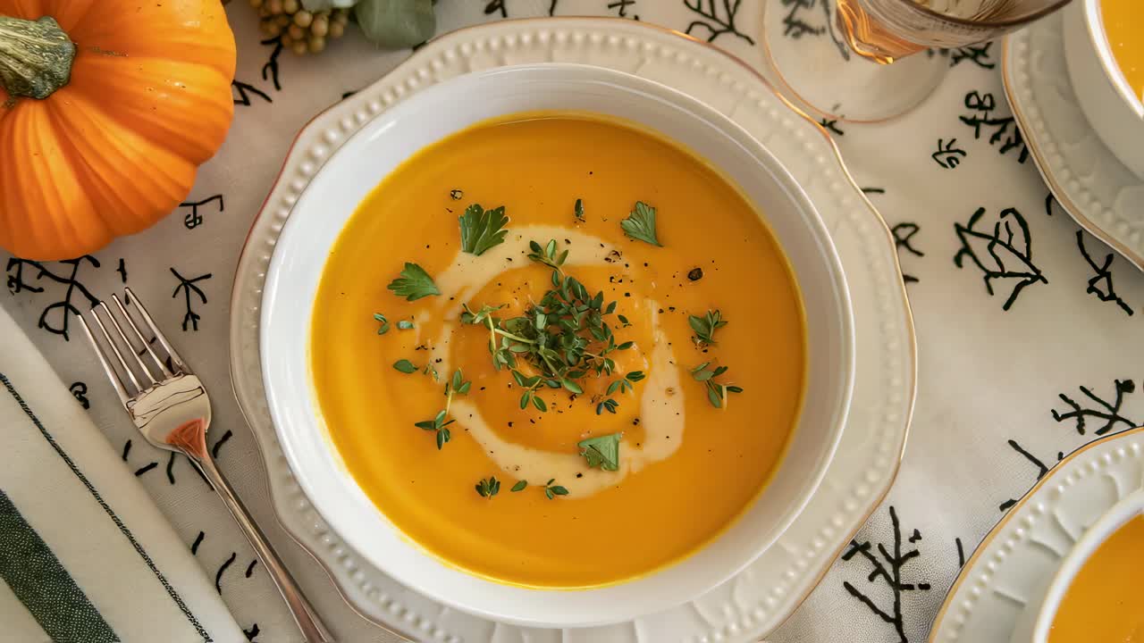 Warm and inviting pumpkin soup is served in white bowls, garnished with fresh thyme and a swirl of cream, creating a comforting autumnal meal