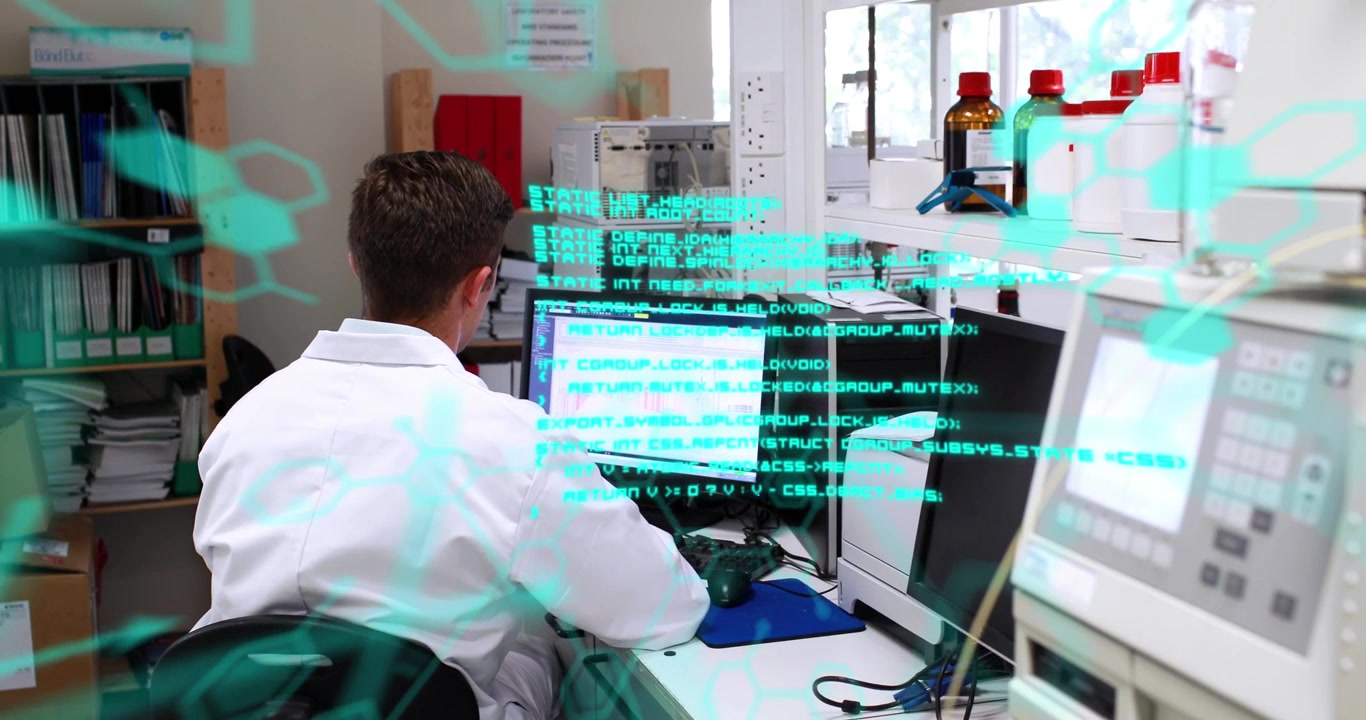 Animation of scientific data processing over back of caucasian male ab worker