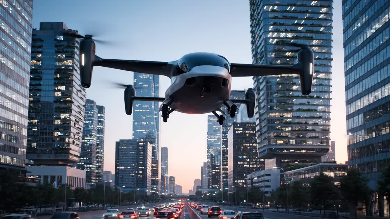 Flying car over a busy city street