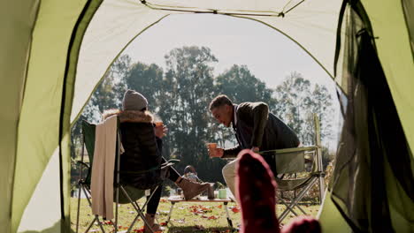 coffee cup, camping and relax couple toast