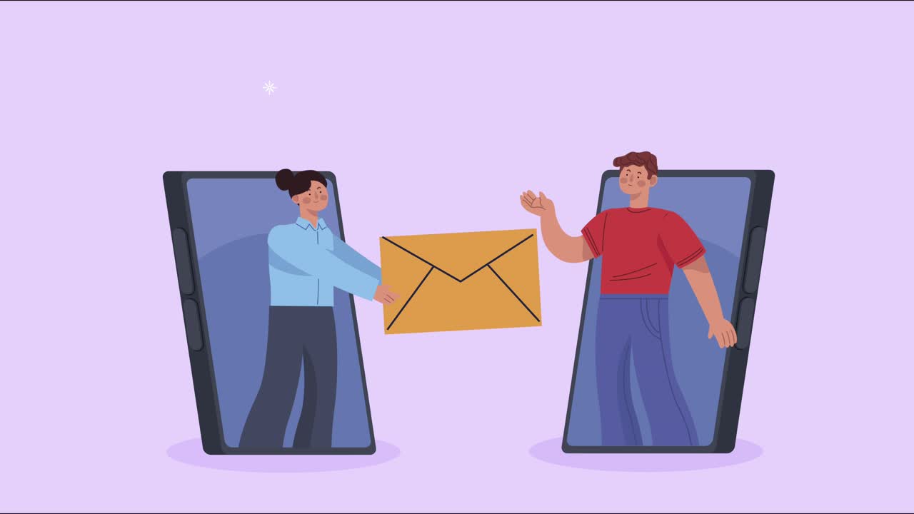 young couple in smartphone with email animation