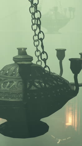 ancient hanging lamps in a foggy room