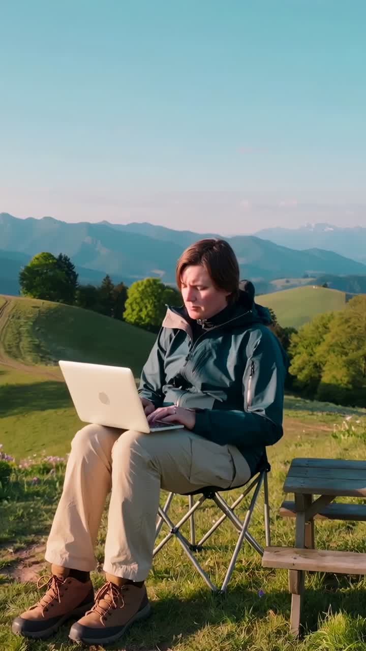 Video verticale: donna con cappotto e stivali che guarda a sinistra e digita sul laptop, mentre lavora seduta su una sedia da campeggio in un prato