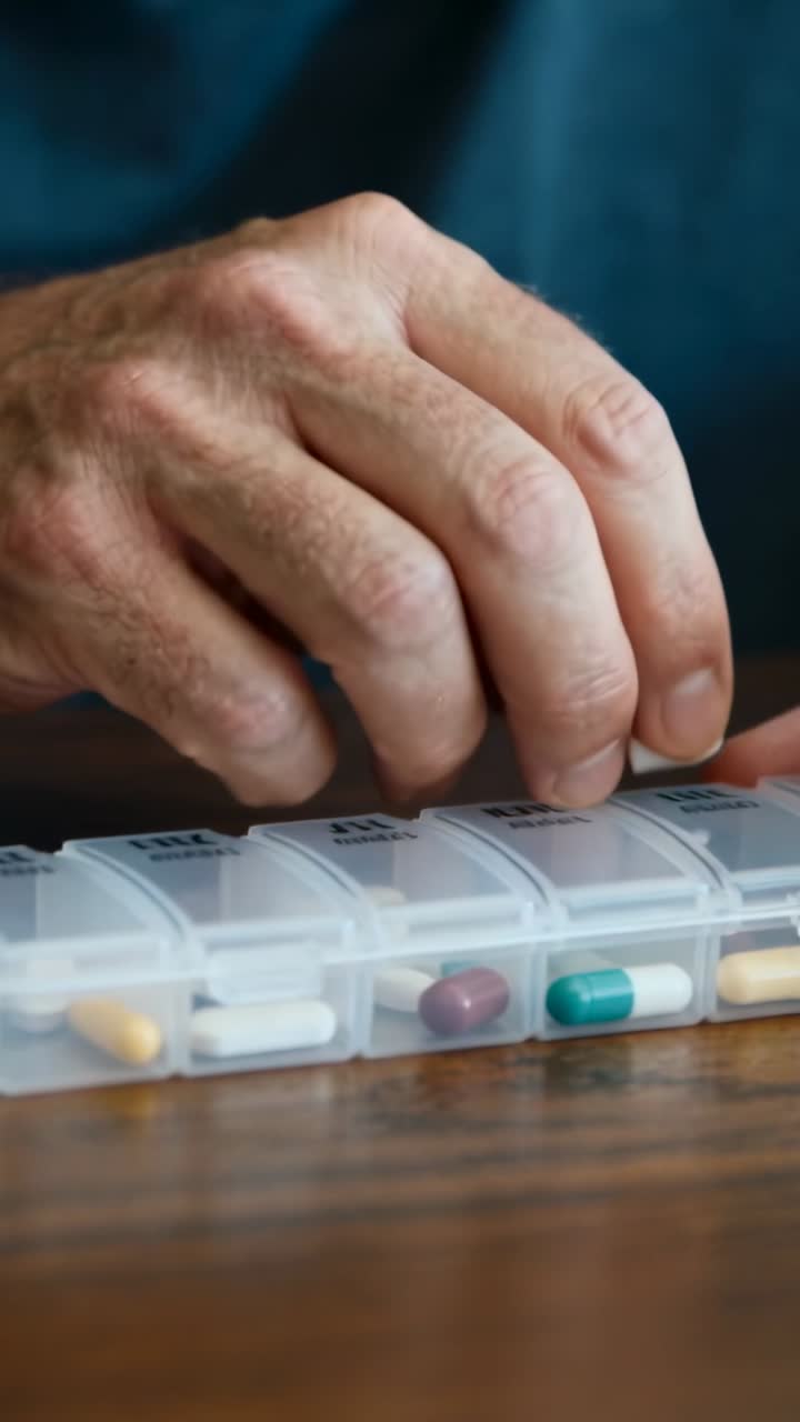 Video vertical: Hombre mayor abriendo un organizador semanal de pastillas según las etiquetas, revisando las pastillas para el cuidado de la salud