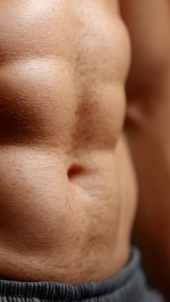 Primo piano di un addome maschile ben definito che mostra definizione e tono muscolare, ideale per gli appassionati di fitness e salute in cerca di ispirazione e motivazione nell'allenamento della forza