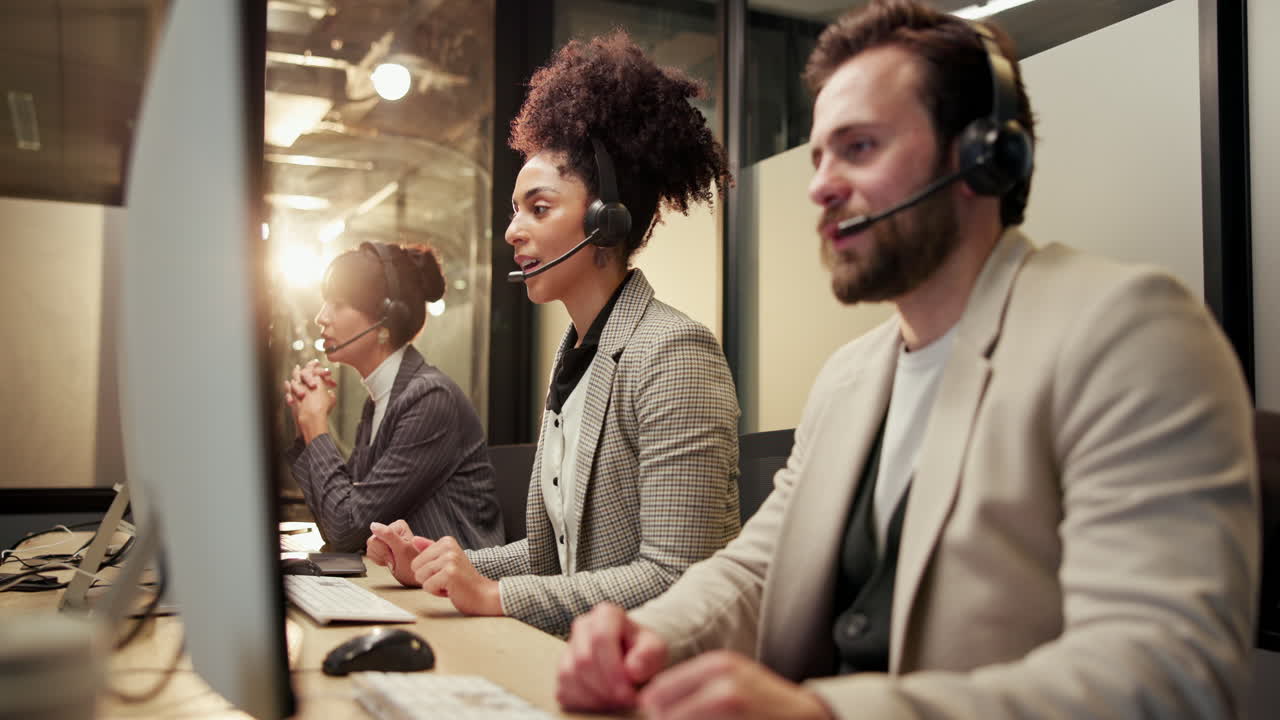 Call center operators working on computers