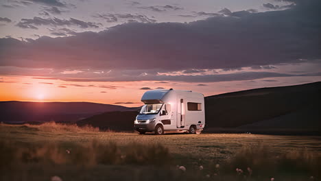 an rv parked in a field at sunset